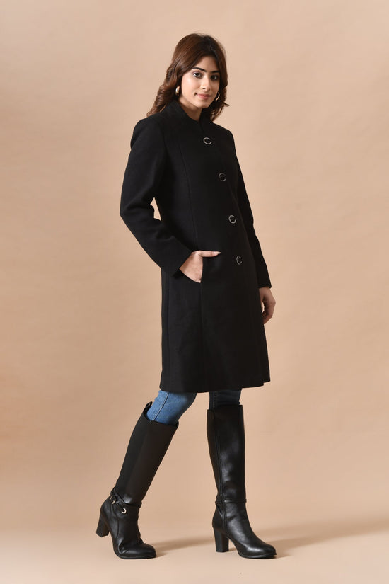 Winter Black Solid Mandarin Collar Neck Overcoat