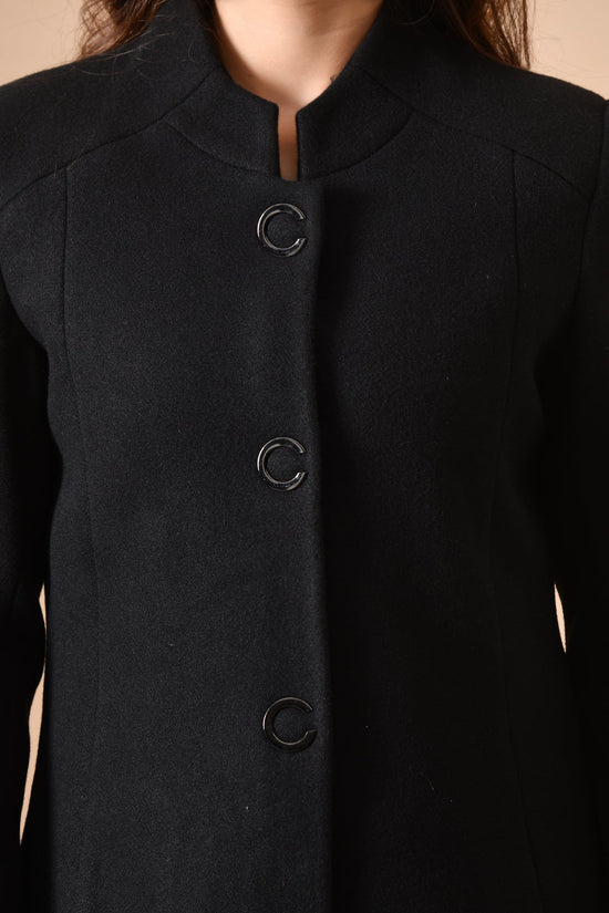 Winter Black Solid Mandarin Collar Neck Overcoat