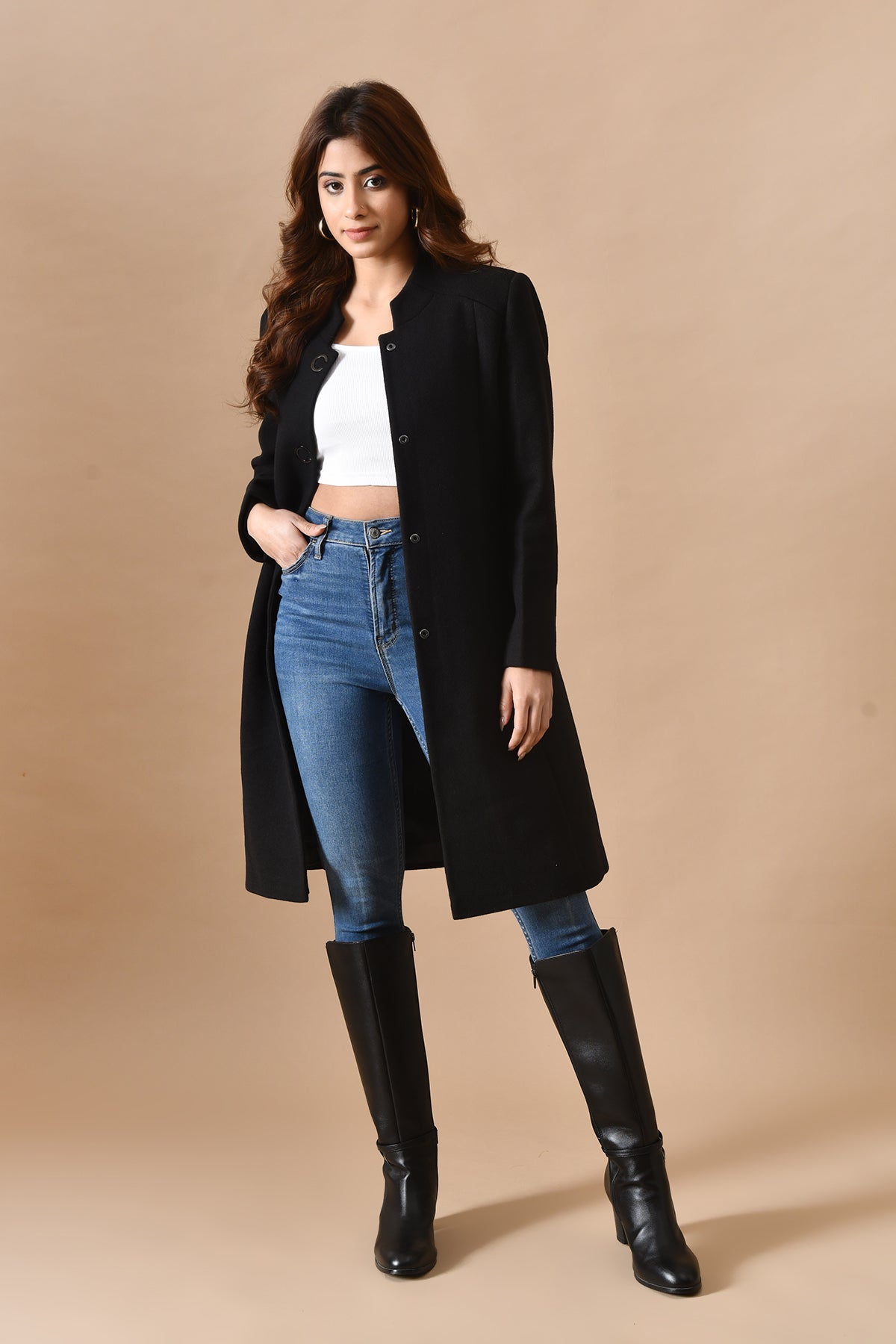 Winter Black Solid Mandarin Collar Neck Overcoat