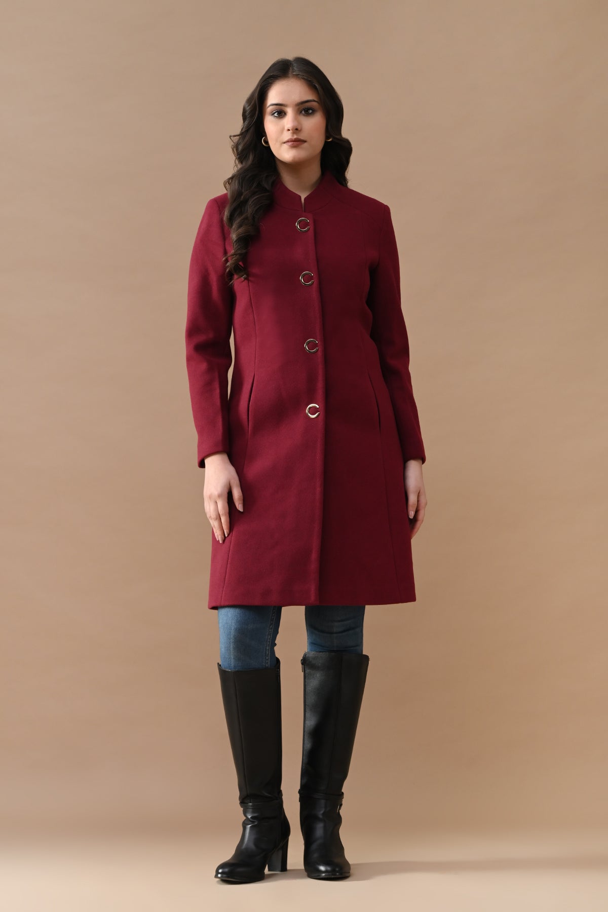 Winter Wine Mandarin Collar Neck Overcoat