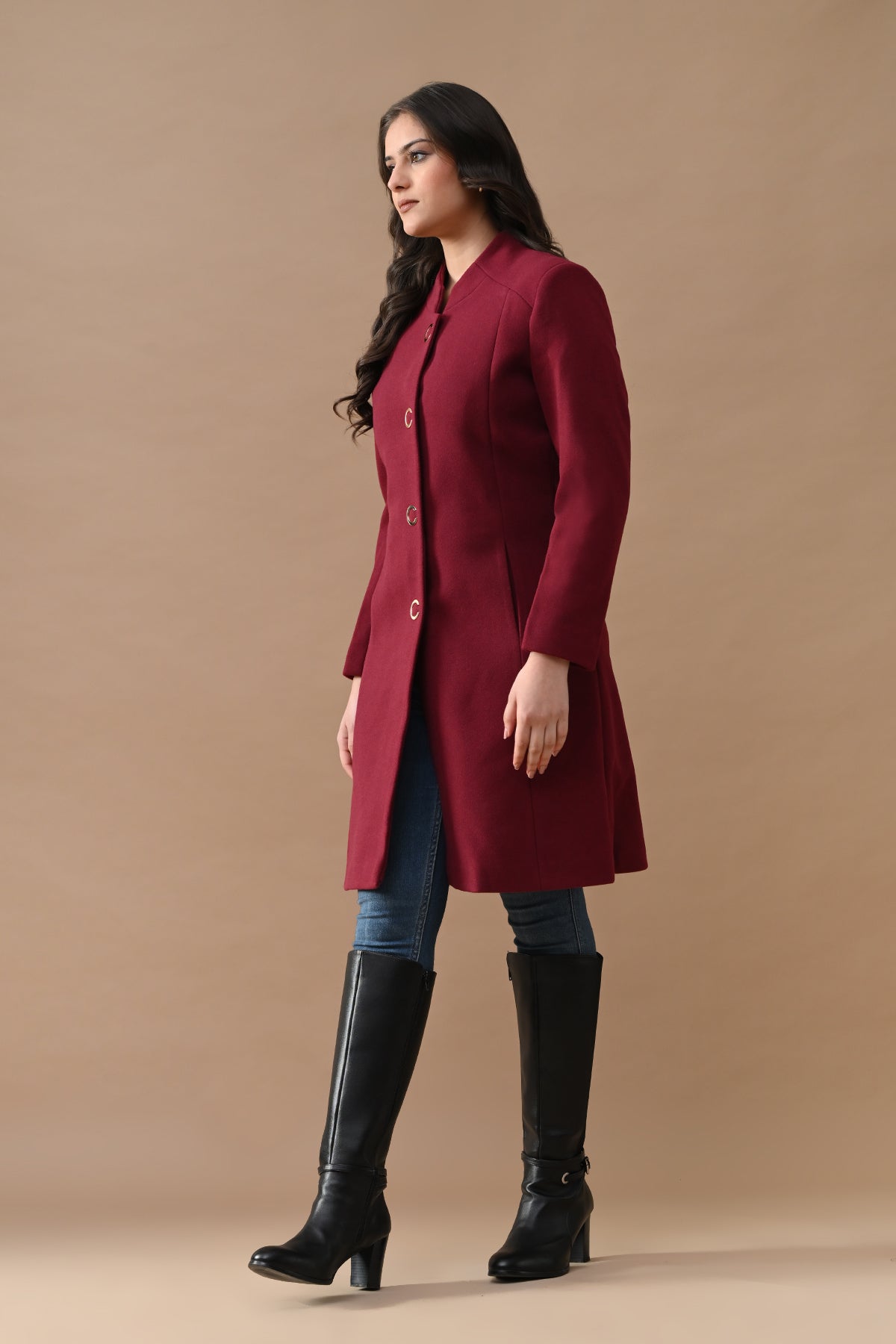 Winter Wine Mandarin Collar Neck Overcoat