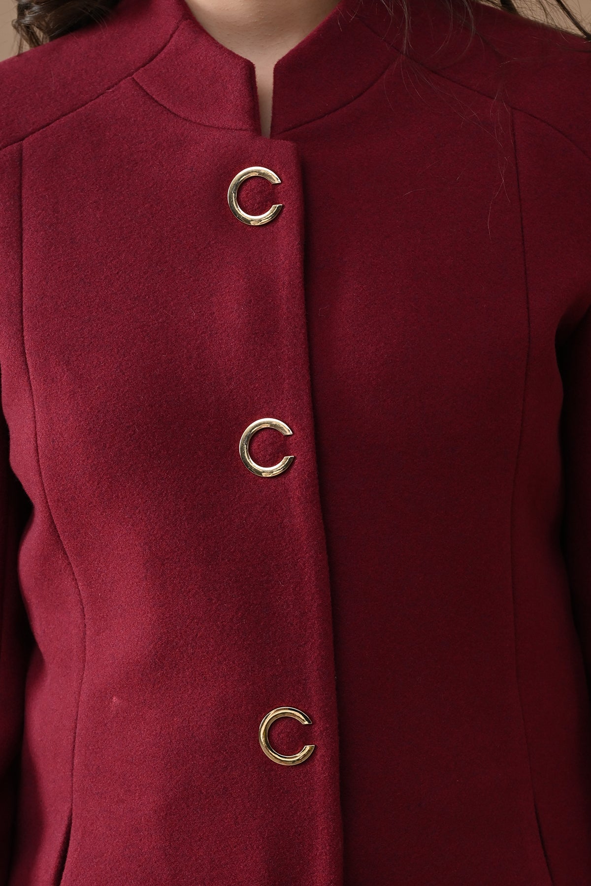 Winter Wine Mandarin Collar Neck Overcoat