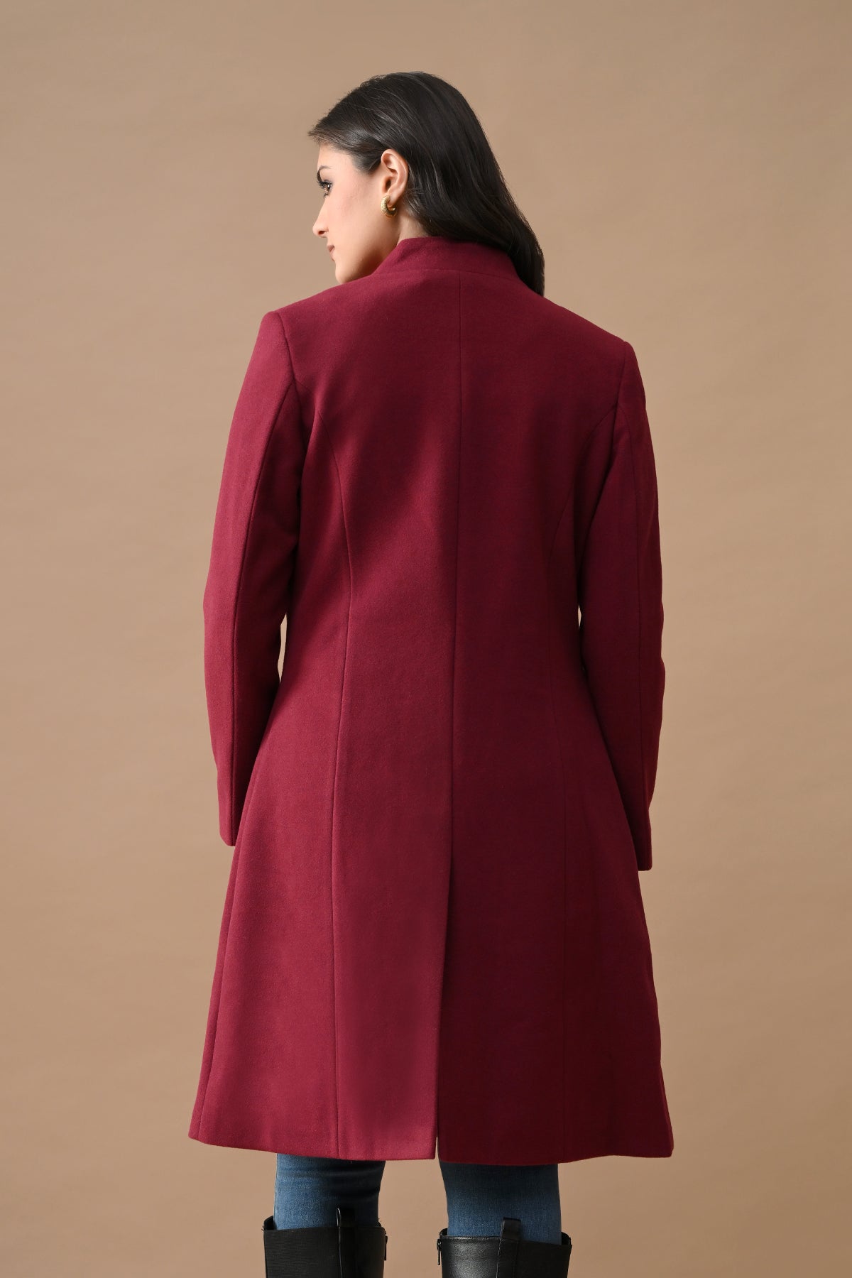 Winter Wine Mandarin Collar Neck Overcoat