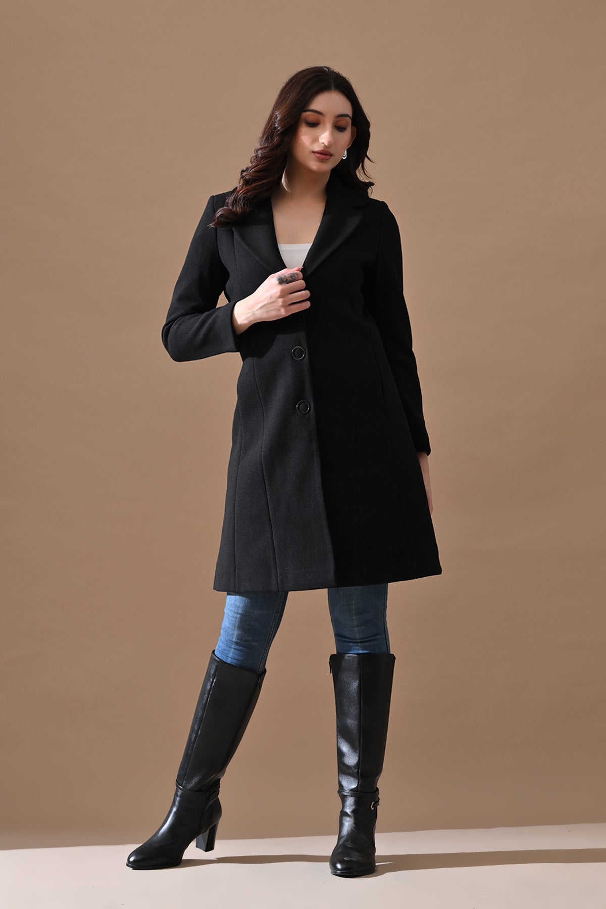 Winter Black Classic Mandarin Collar Neck Overcoat