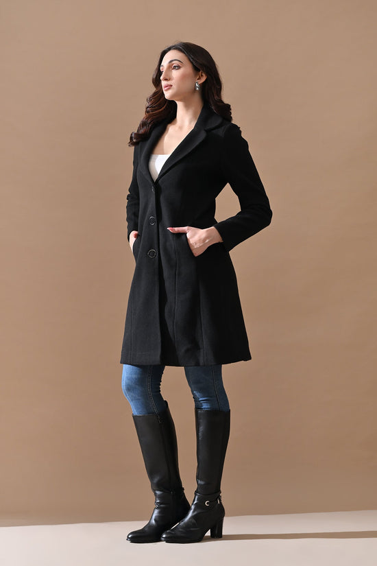 Winter Black Classic Notch Collar Neck Overcoat