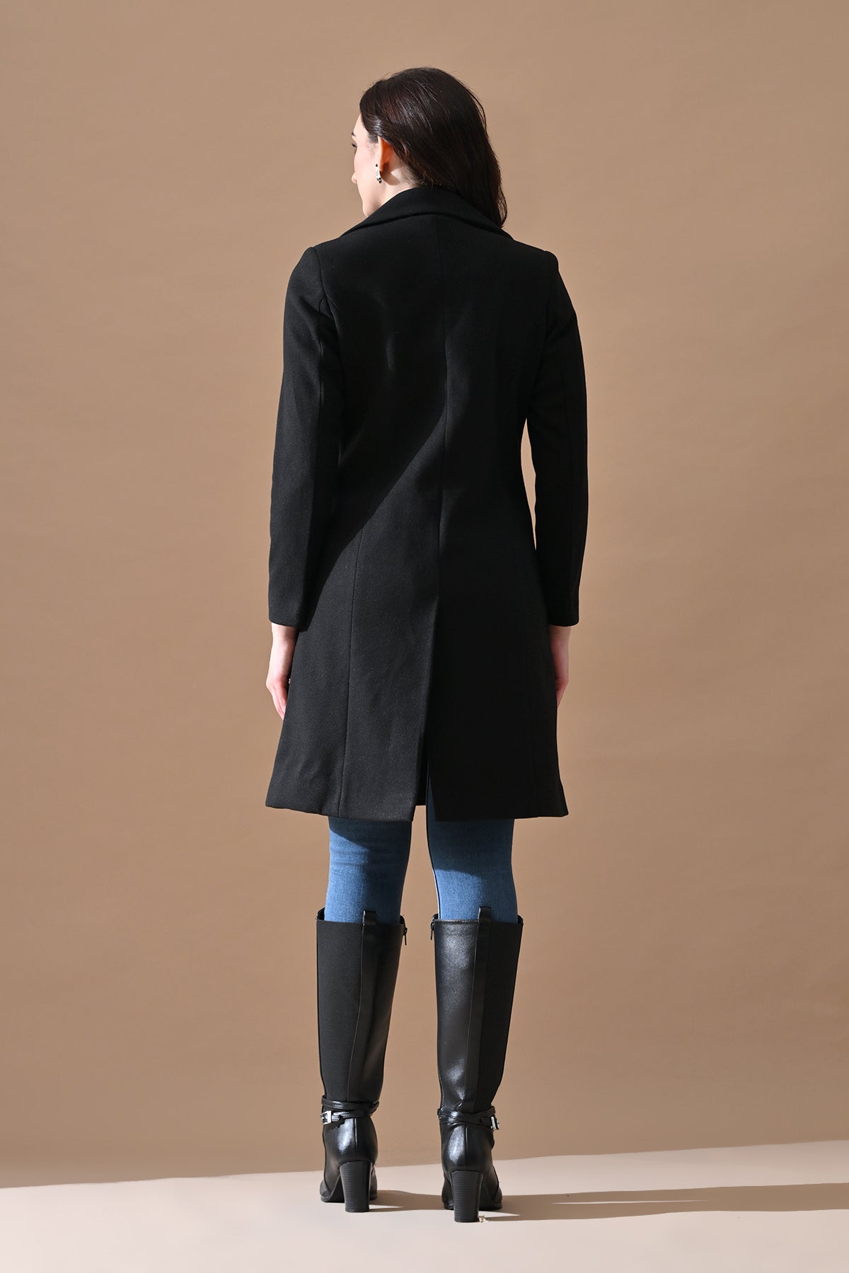 Winter Black Classic Mandarin Collar Neck Overcoat