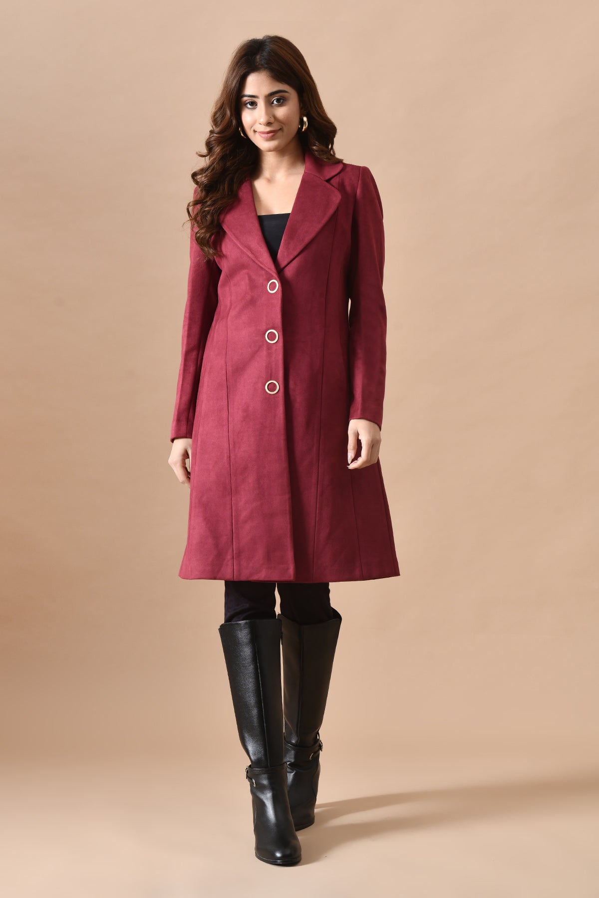 Winter Maroon Classic Notch Collar Neck Overcoat
