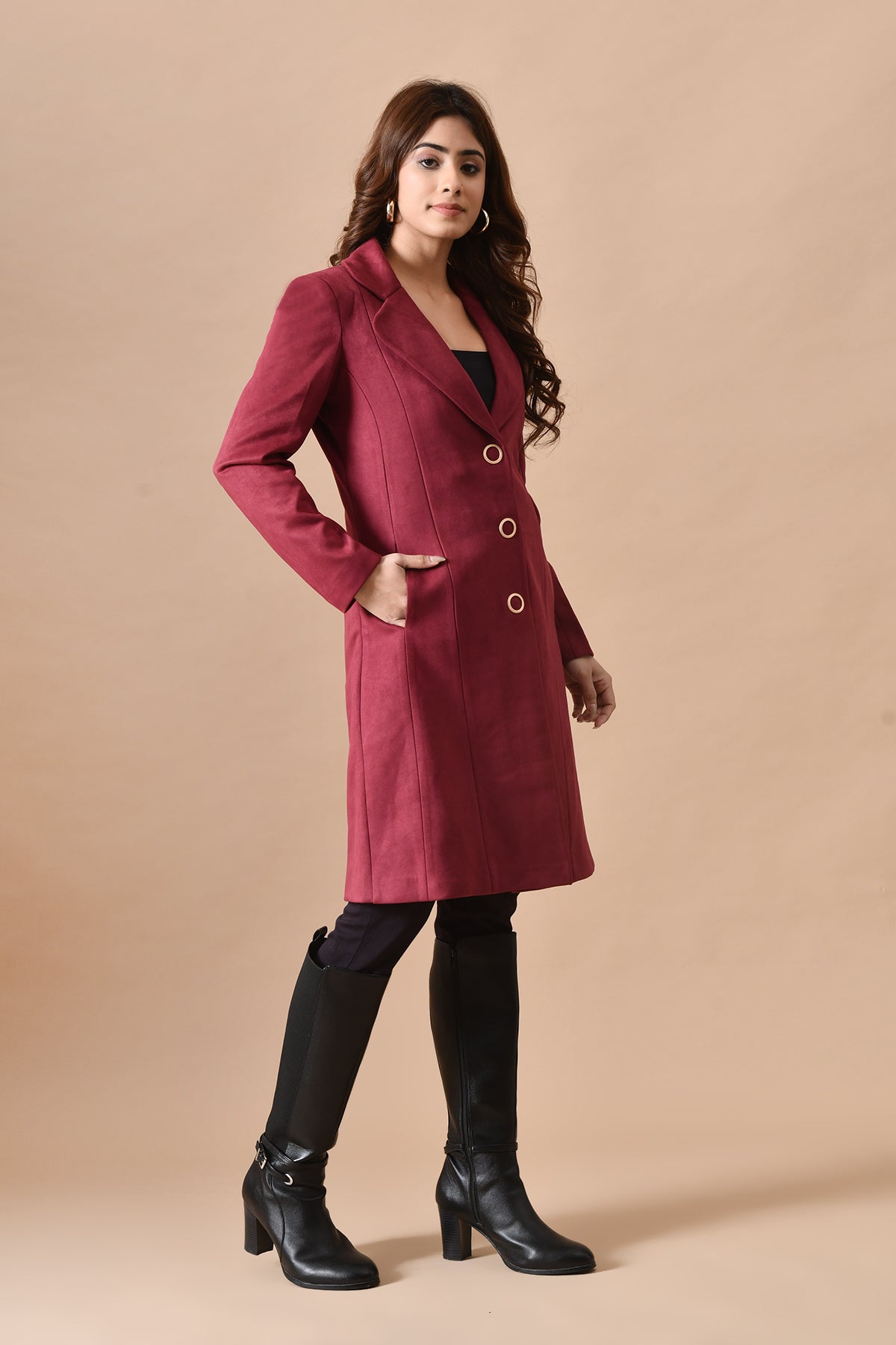 Winter Maroon Classic Notch Collar Neck Overcoat