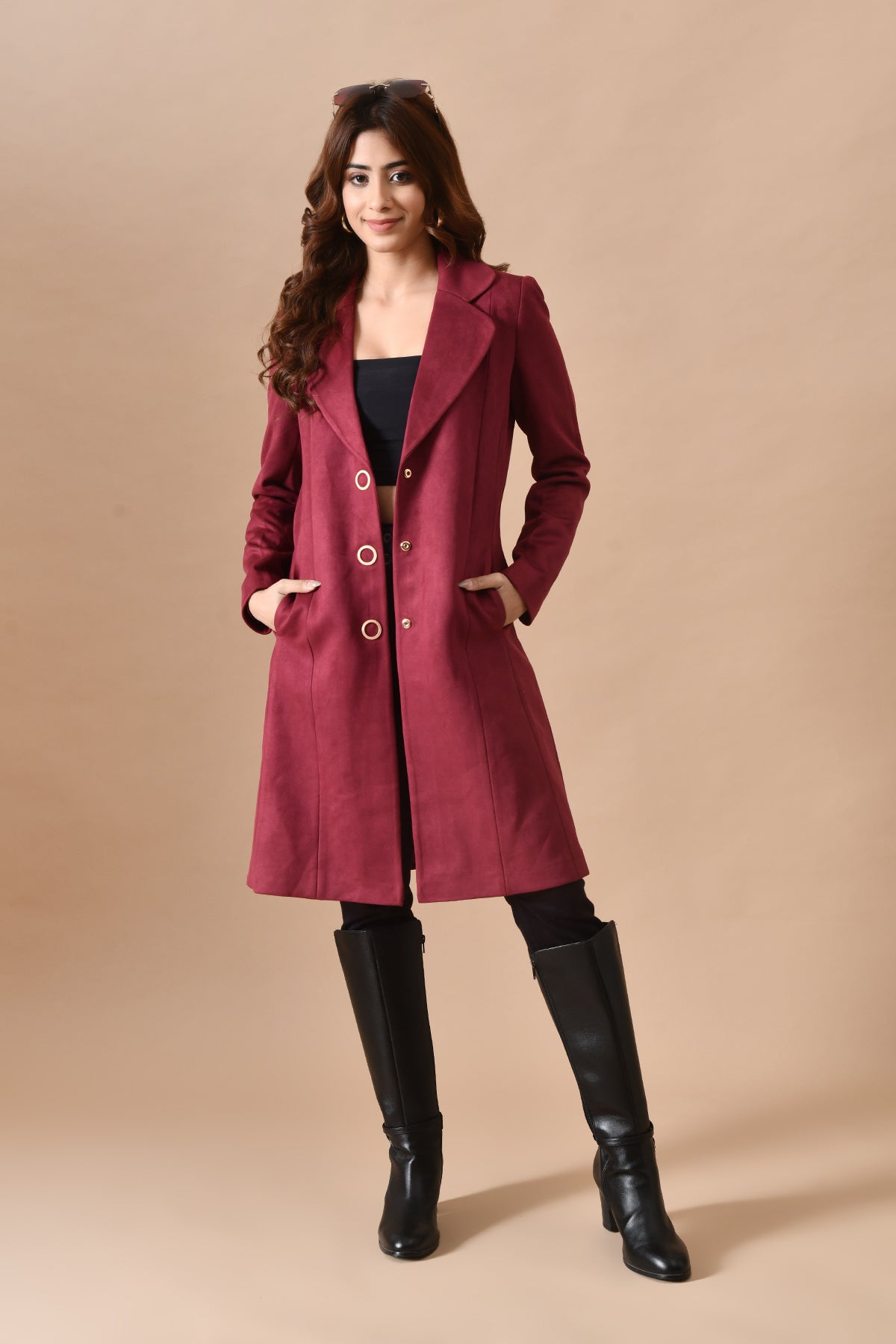 Winter Maroon Classic Notch Collar Neck Overcoat