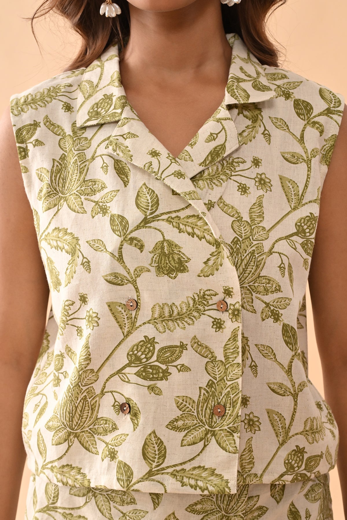 Block Print Cream Green Co-Ord Set with skort