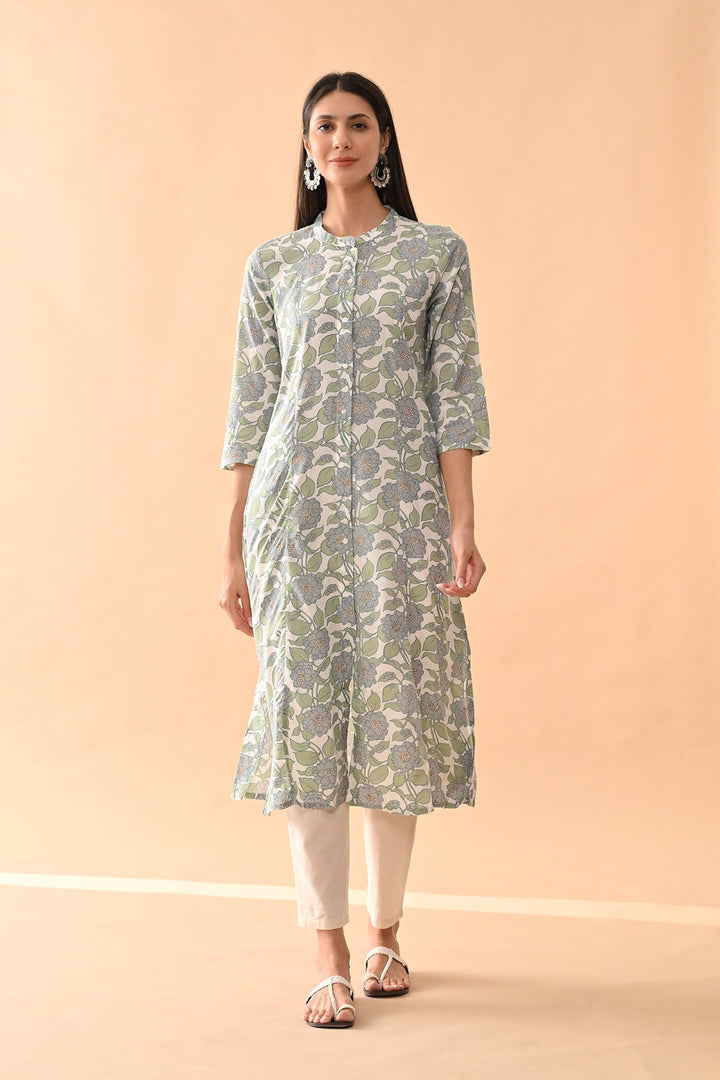White Floral Printed Kurta