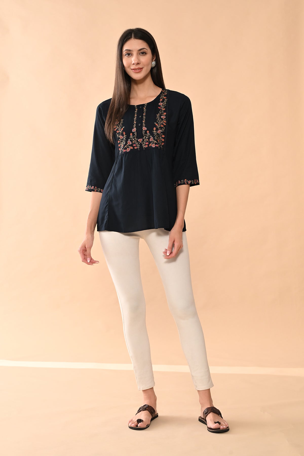 Blue Embroidered Straight Top