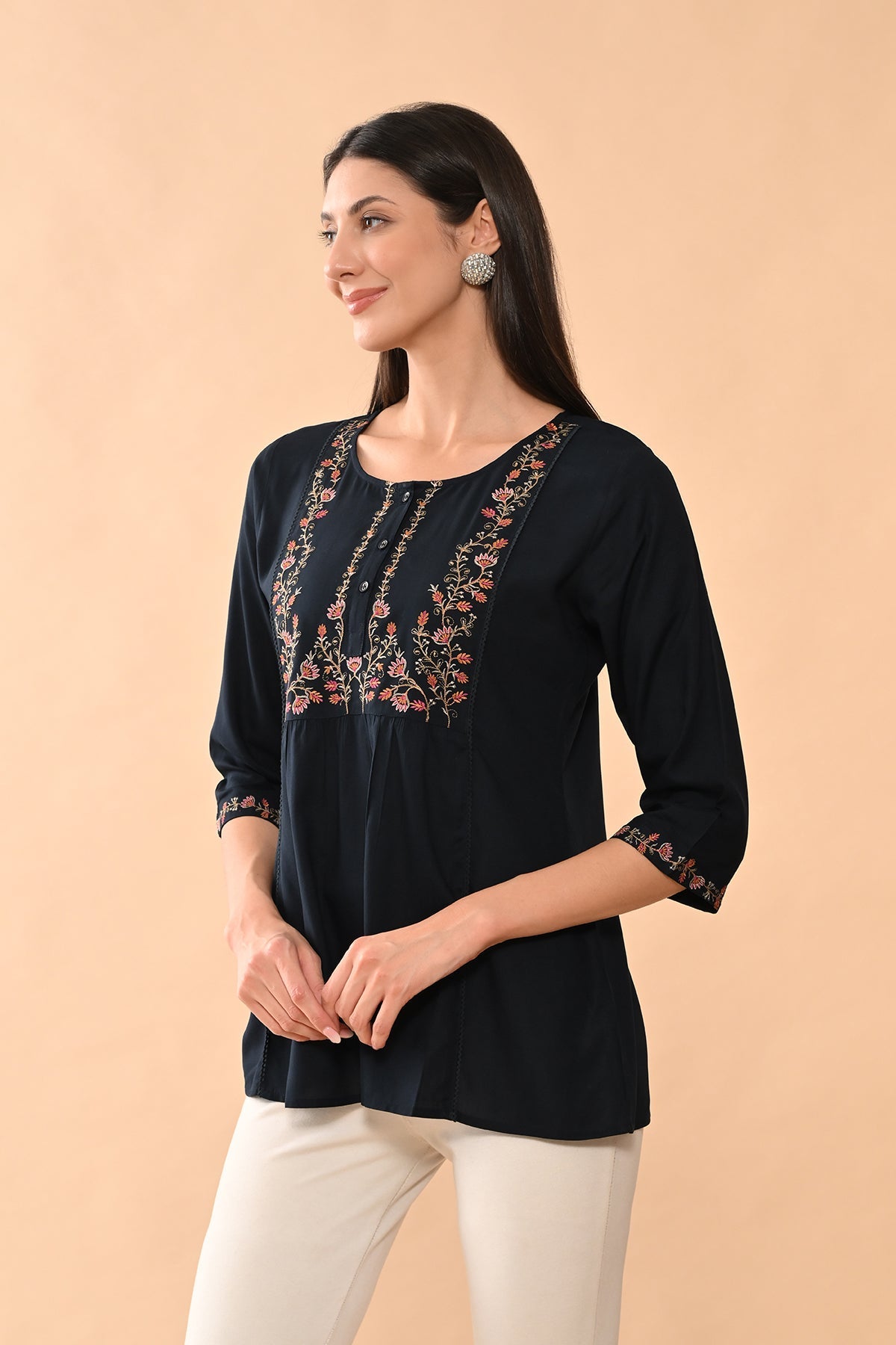 Blue Embroidered Straight Top