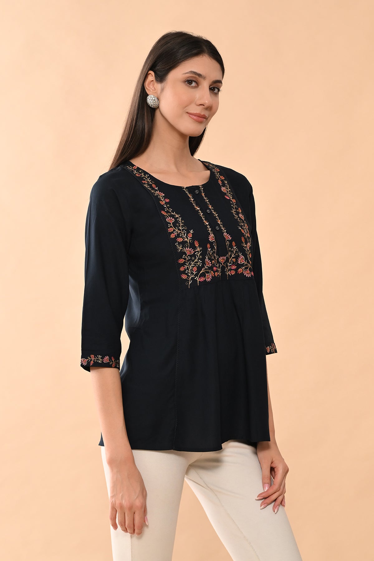 Blue Embroidered Straight Top
