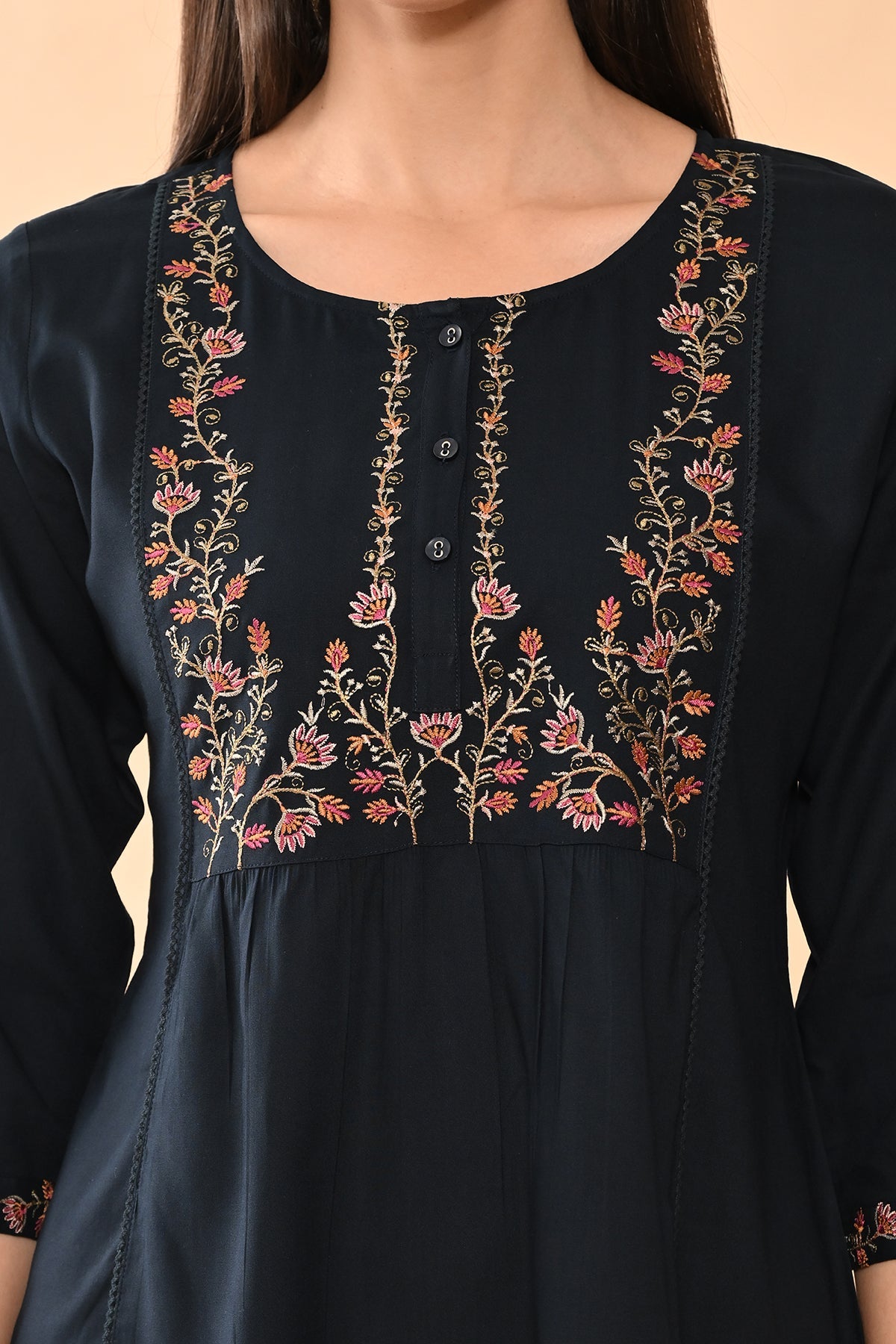 Blue Embroidered Straight Top