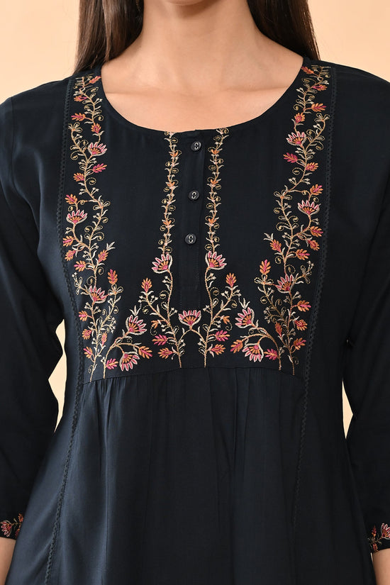 Blue Embroidered Straight Top