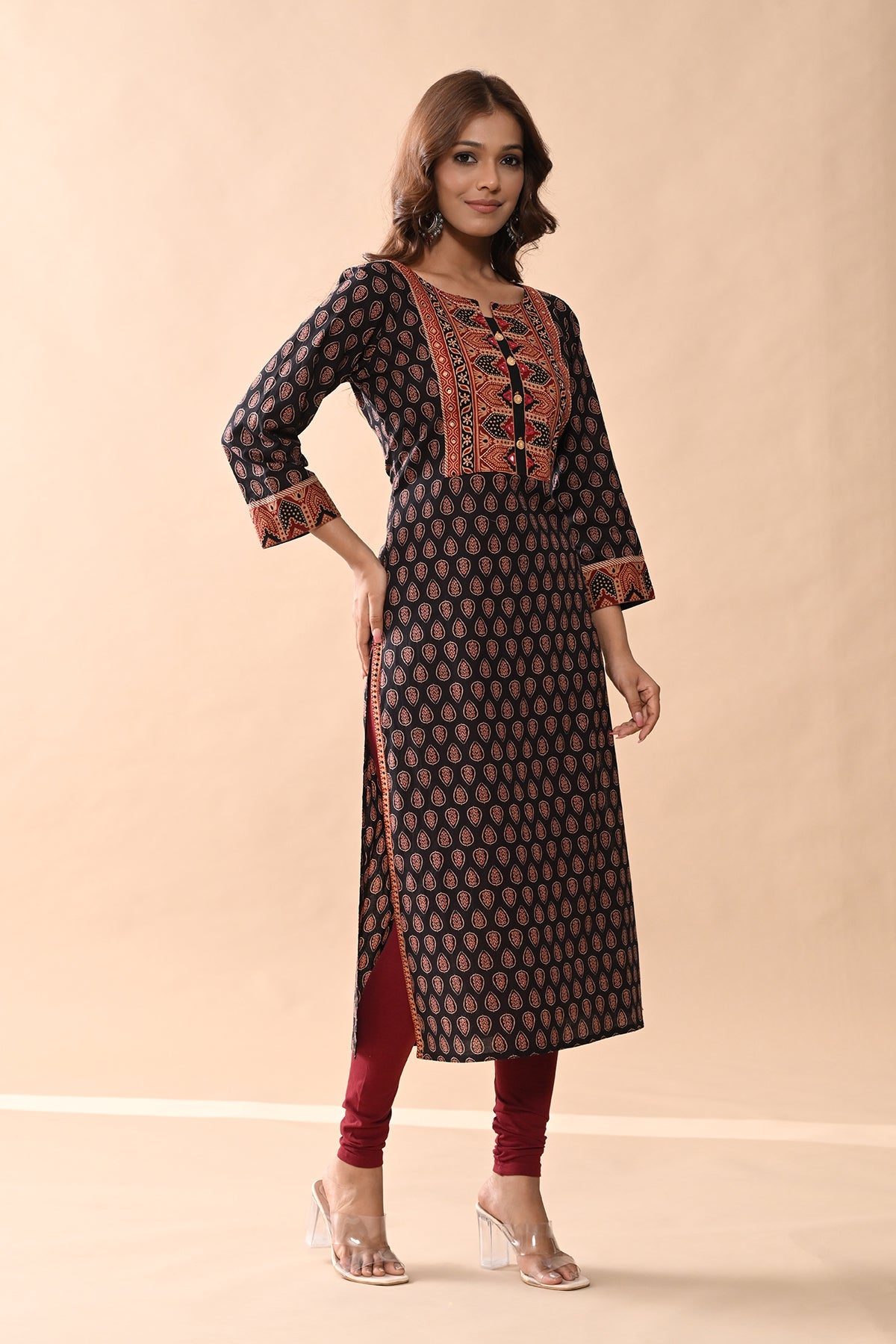 Brown Printed Straight Kurta