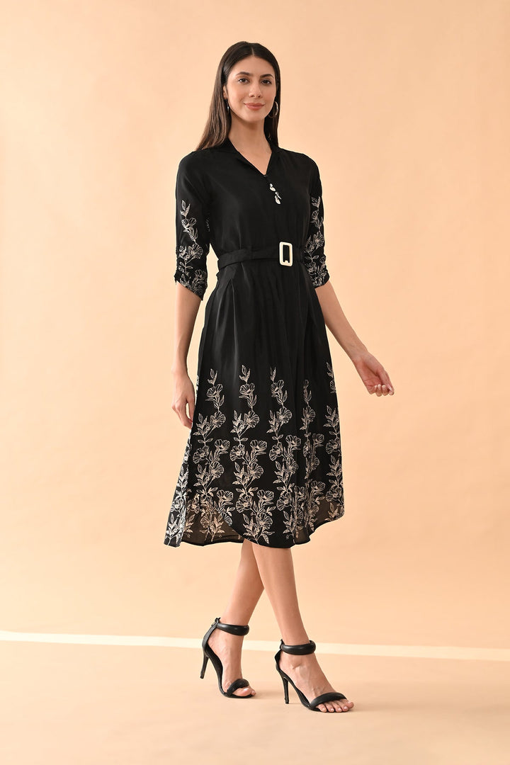 Black Printed A-line Dress