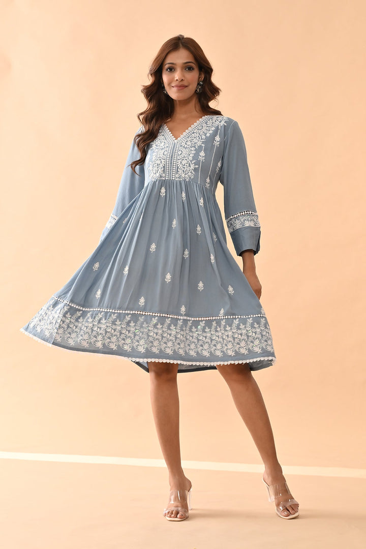 Blue Embroidered Flared Tunic