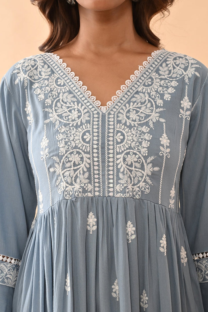 Blue Embroidered Flared Tunic
