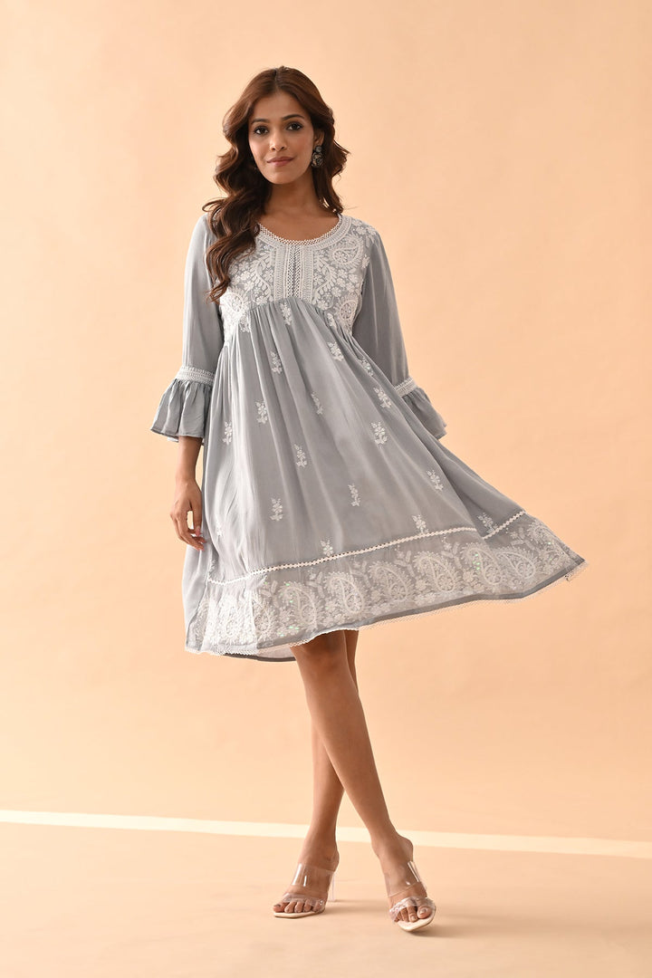 Grey Embroidered Flared Tunic