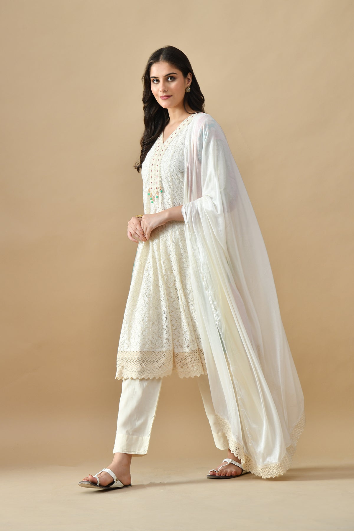 Cream Embroidered Kurta 3 Pcs Set