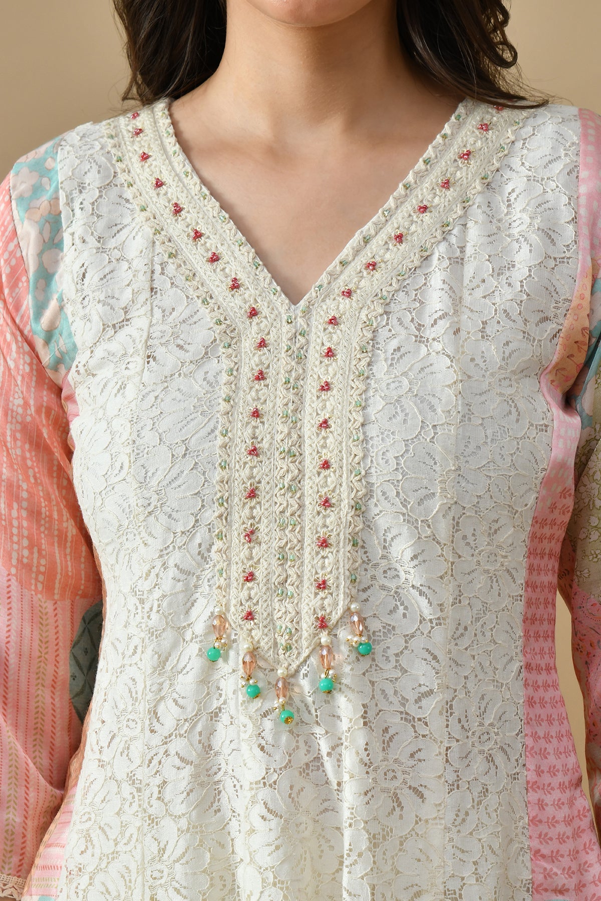 Cream Embroidered Kurta 3 Pcs Set