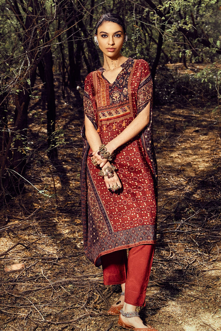 Maroon Printed Kaftan Set