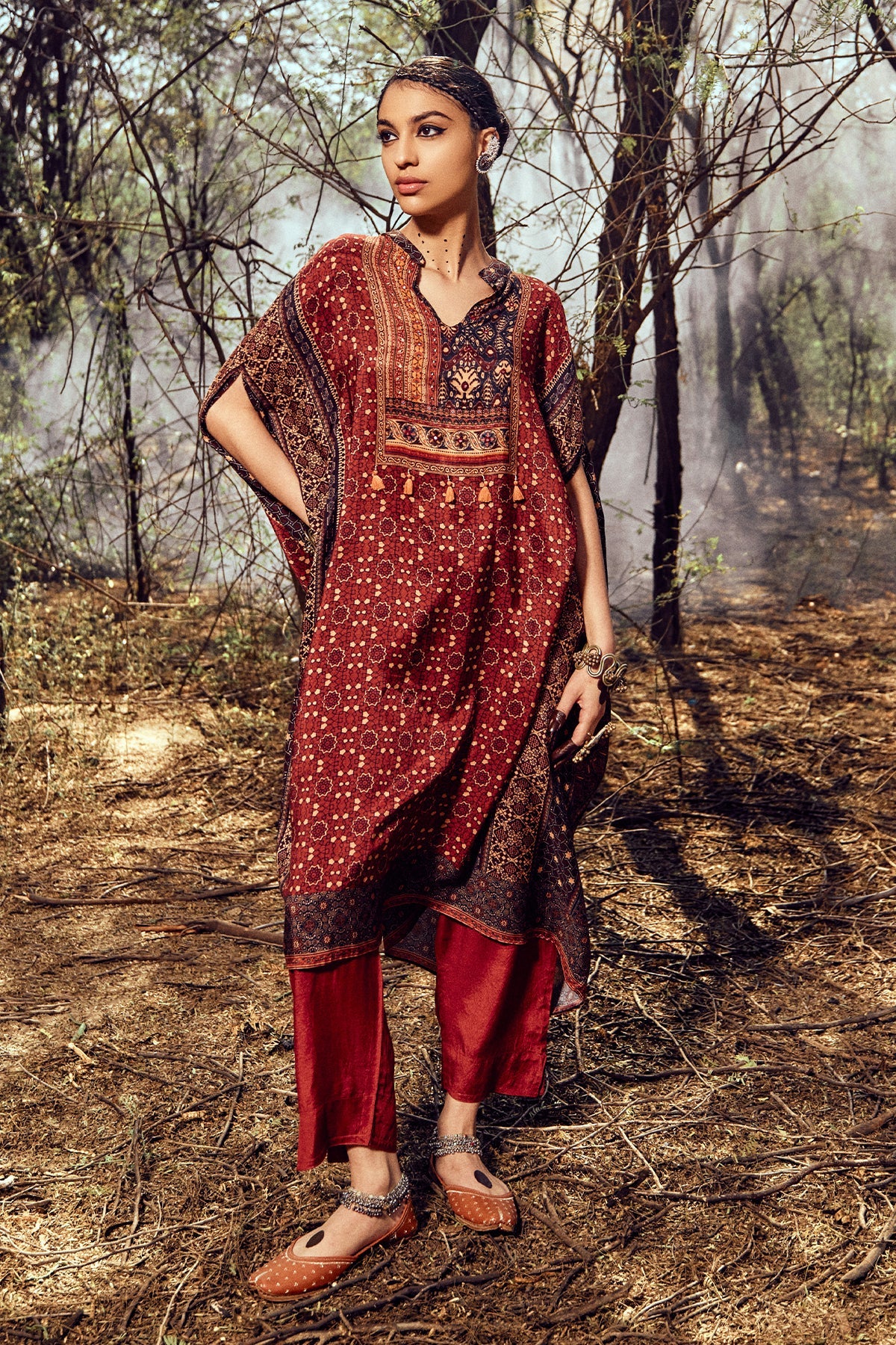 Maroon Printed Kaftan Set