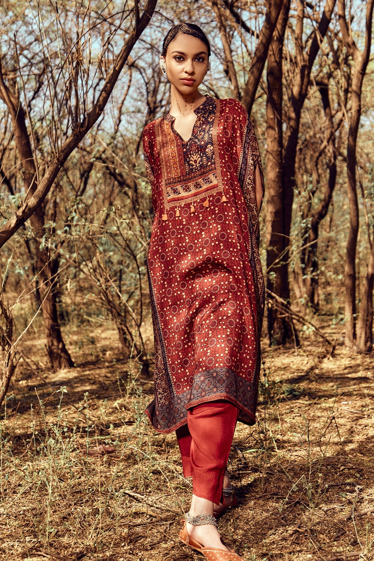 Maroon Printed Kaftan Set