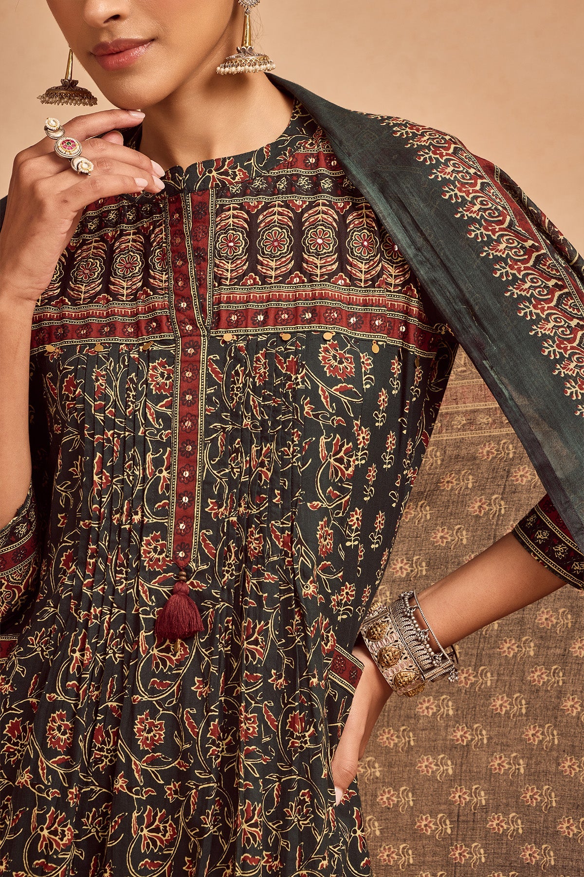 Green Printed Kurta 3 Pcs Set