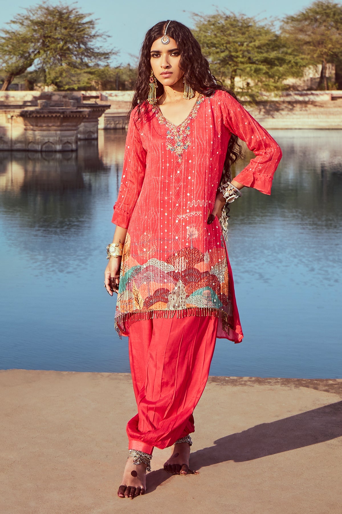 Pink Embroidered A-line Kurta
