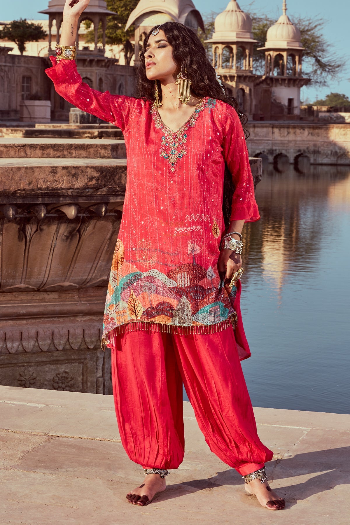 Pink Embroidered A-line Kurta