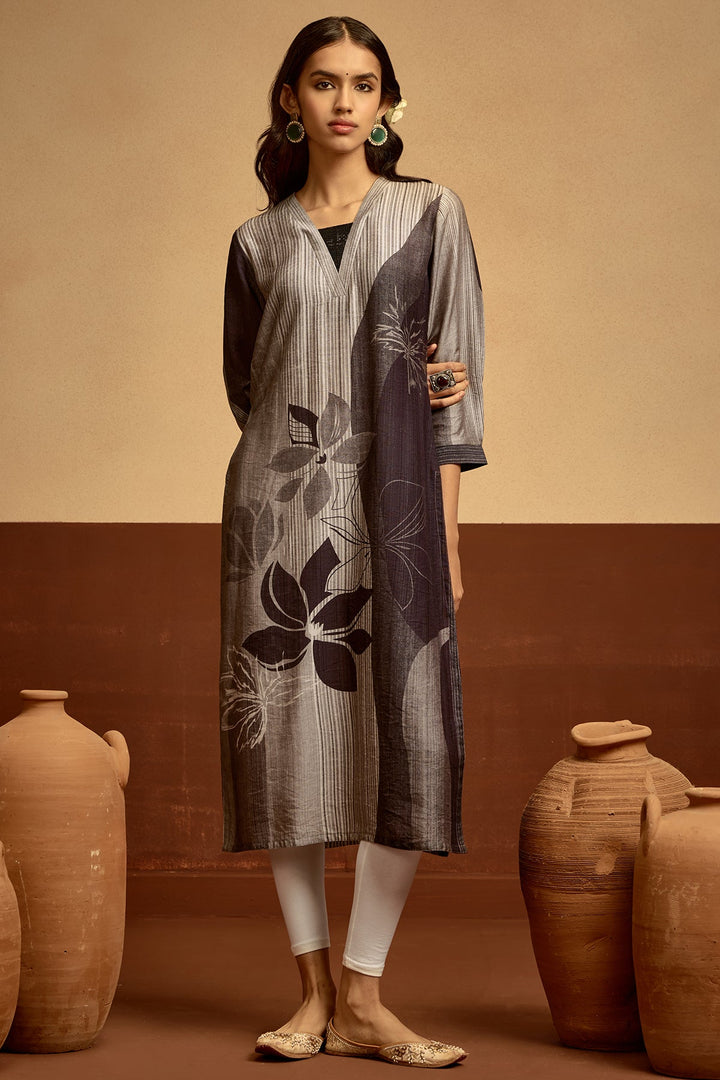 Grey Printed Straight Kurta