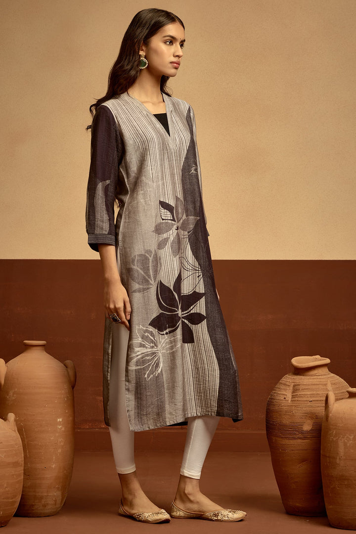 Grey Printed Straight Kurta