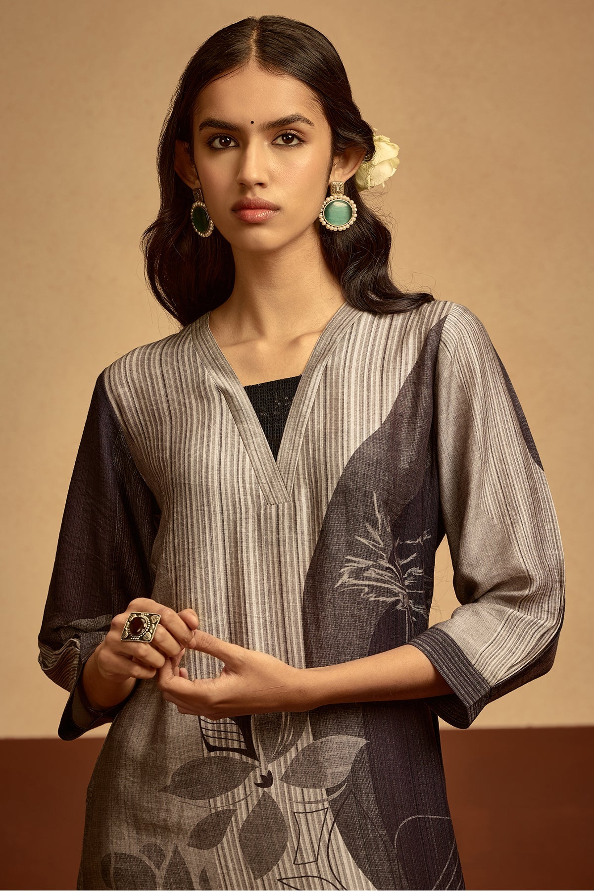 Grey Printed Straight Kurta