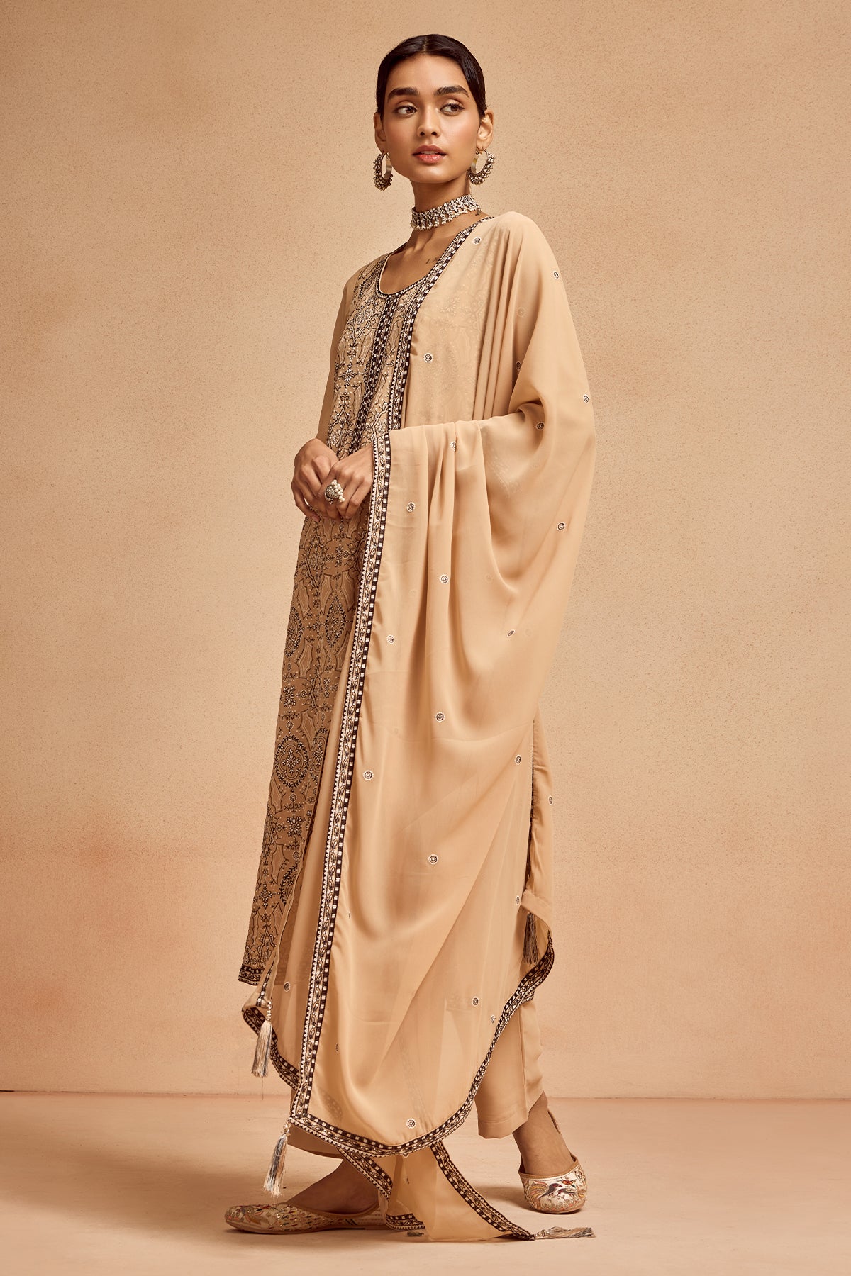 Beige Embroidered Kurta 3 Pcs Set