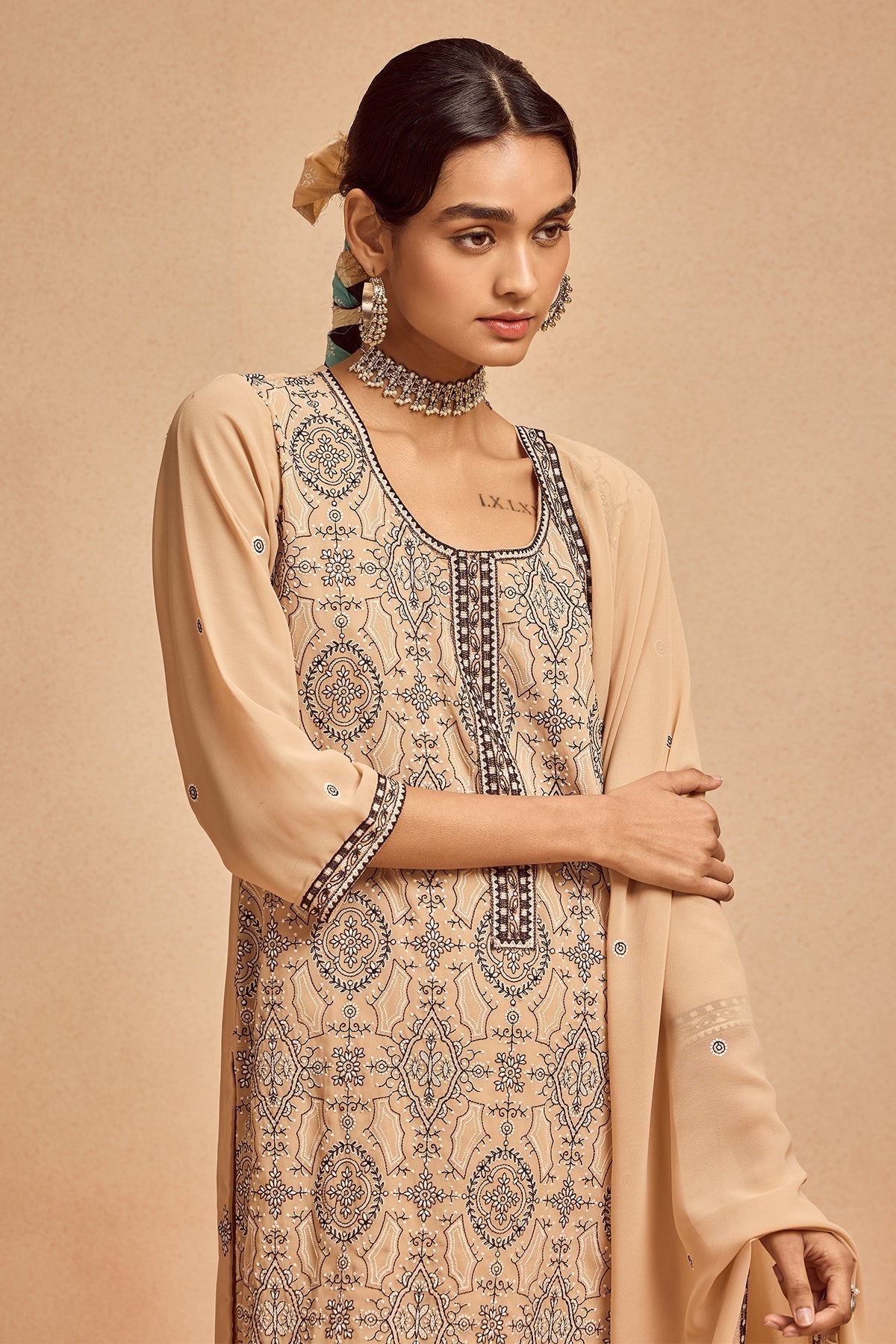 Beige Embroidered Kurta 3 Pcs Set