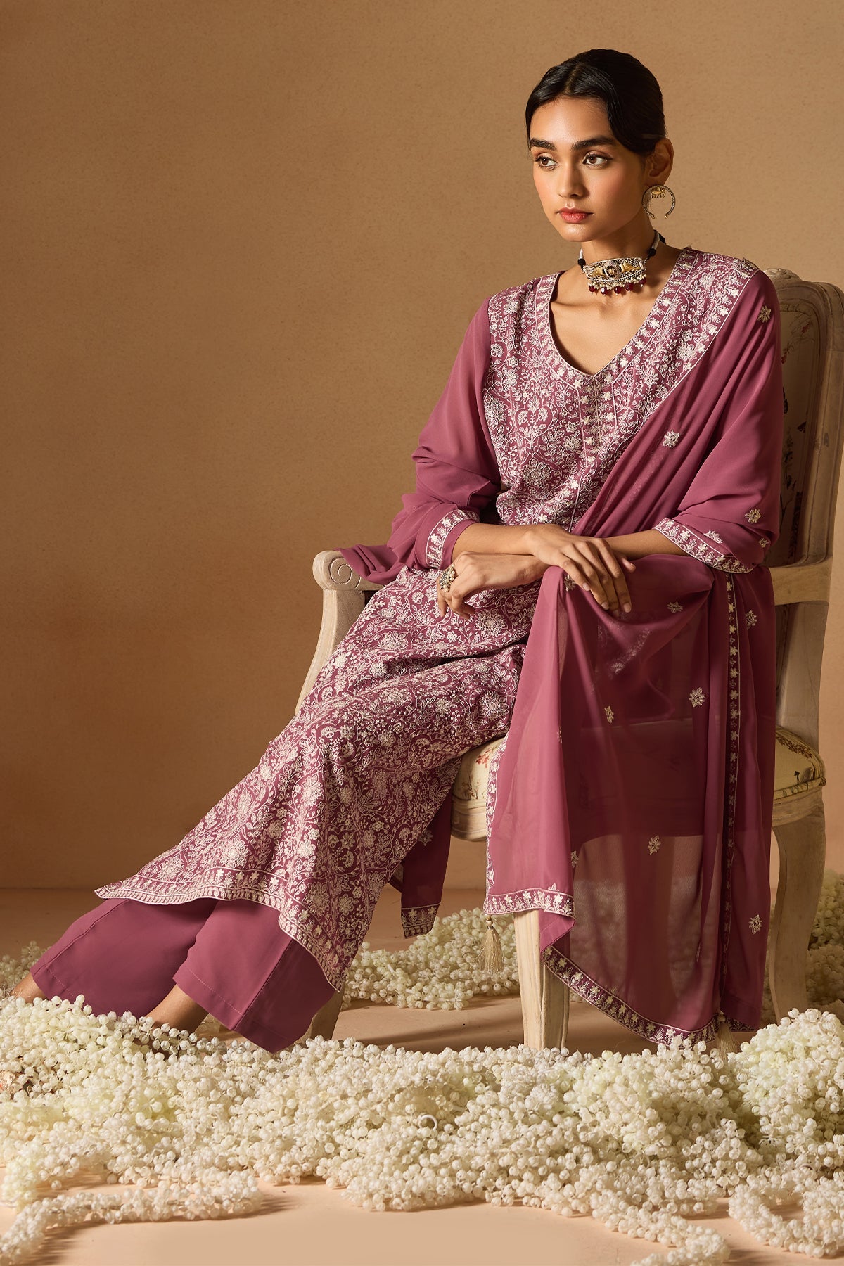 Pink Embroidered Kurta 3 Pcs Set