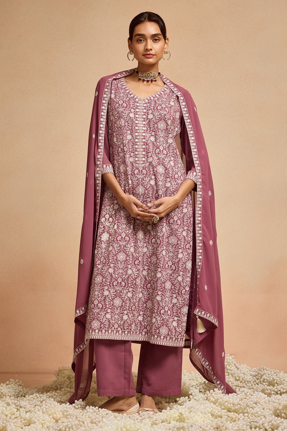 Pink Embroidered Kurta 3 Pcs Set
