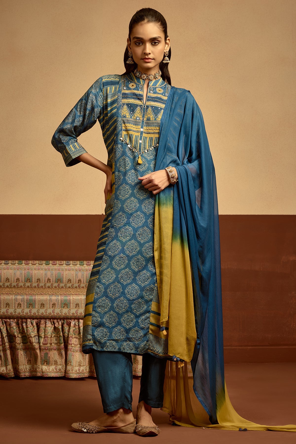 Blue Printed Kurta 3 Pcs Set