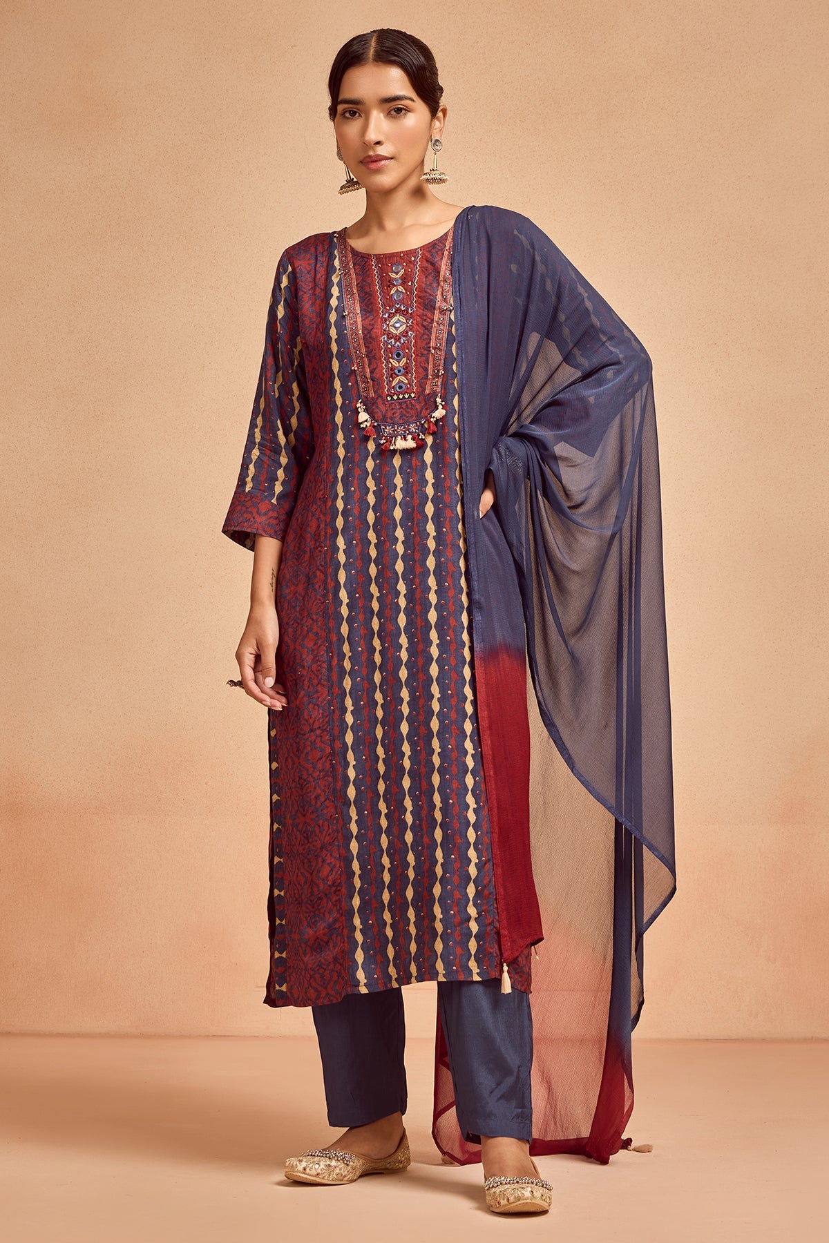 Blue Printed Kurta 3 Pcs Set