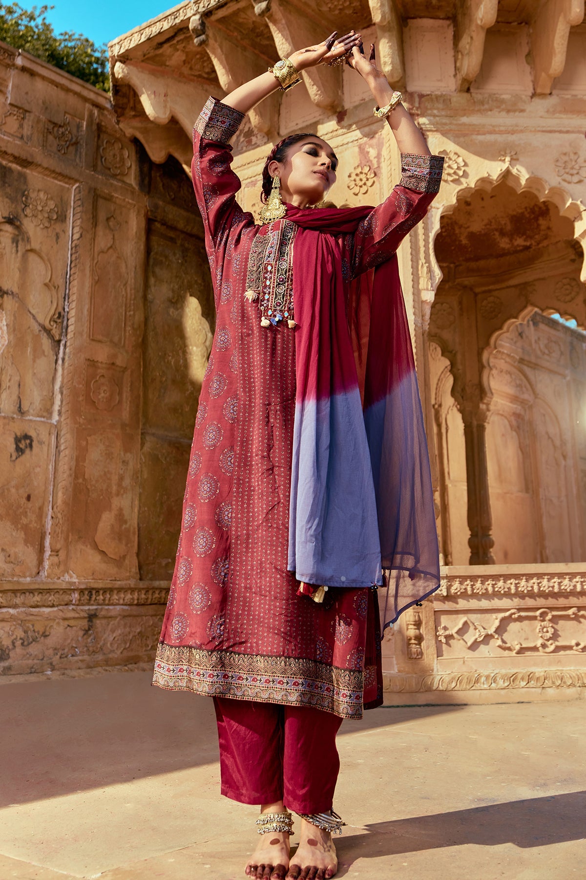 Maroon Printed Kurta 3 Pcs Set