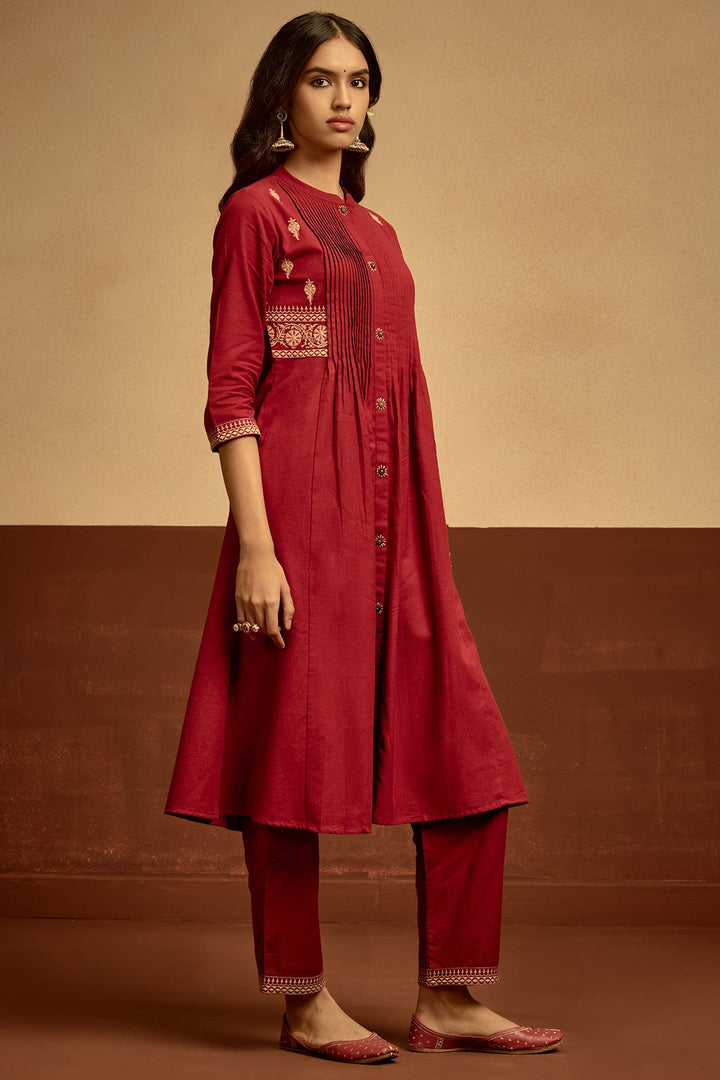 Maroon Embroidered Kurta Set