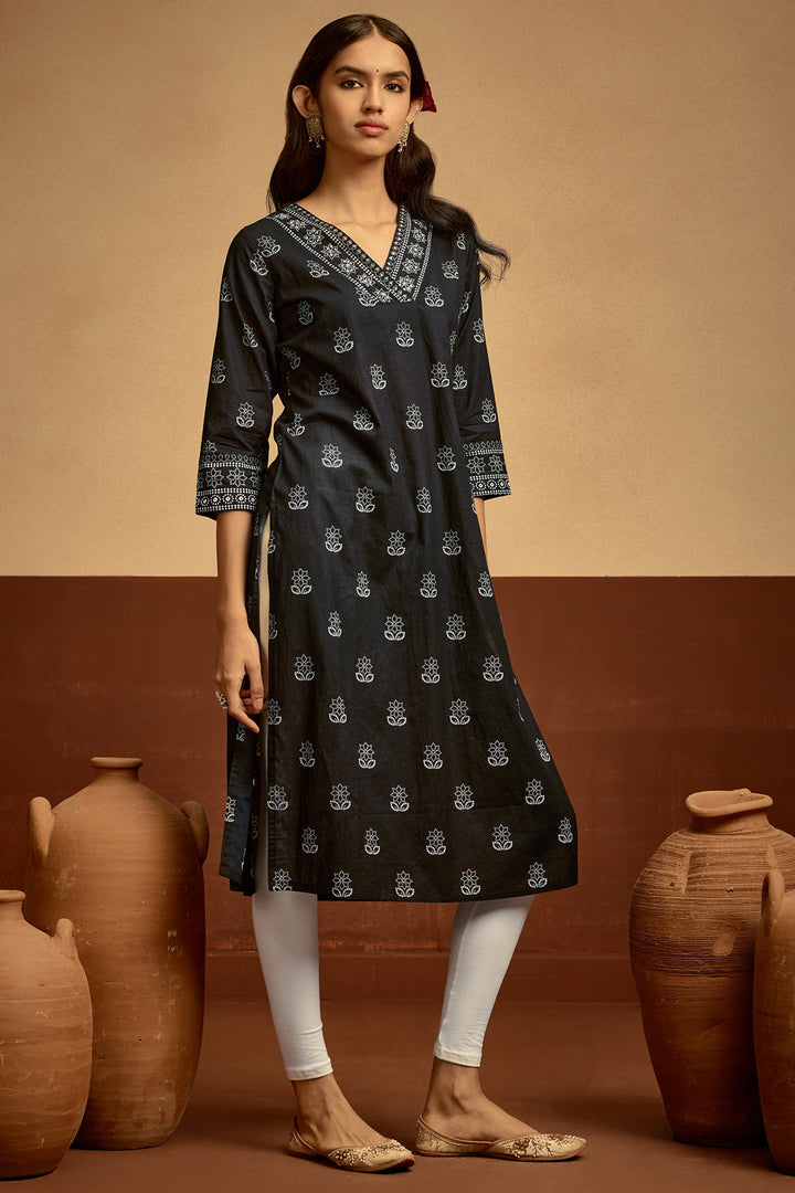 Black Printed Straight Kurta