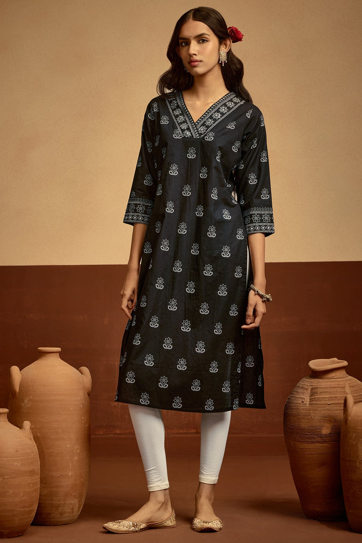 Black Printed Straight Kurta