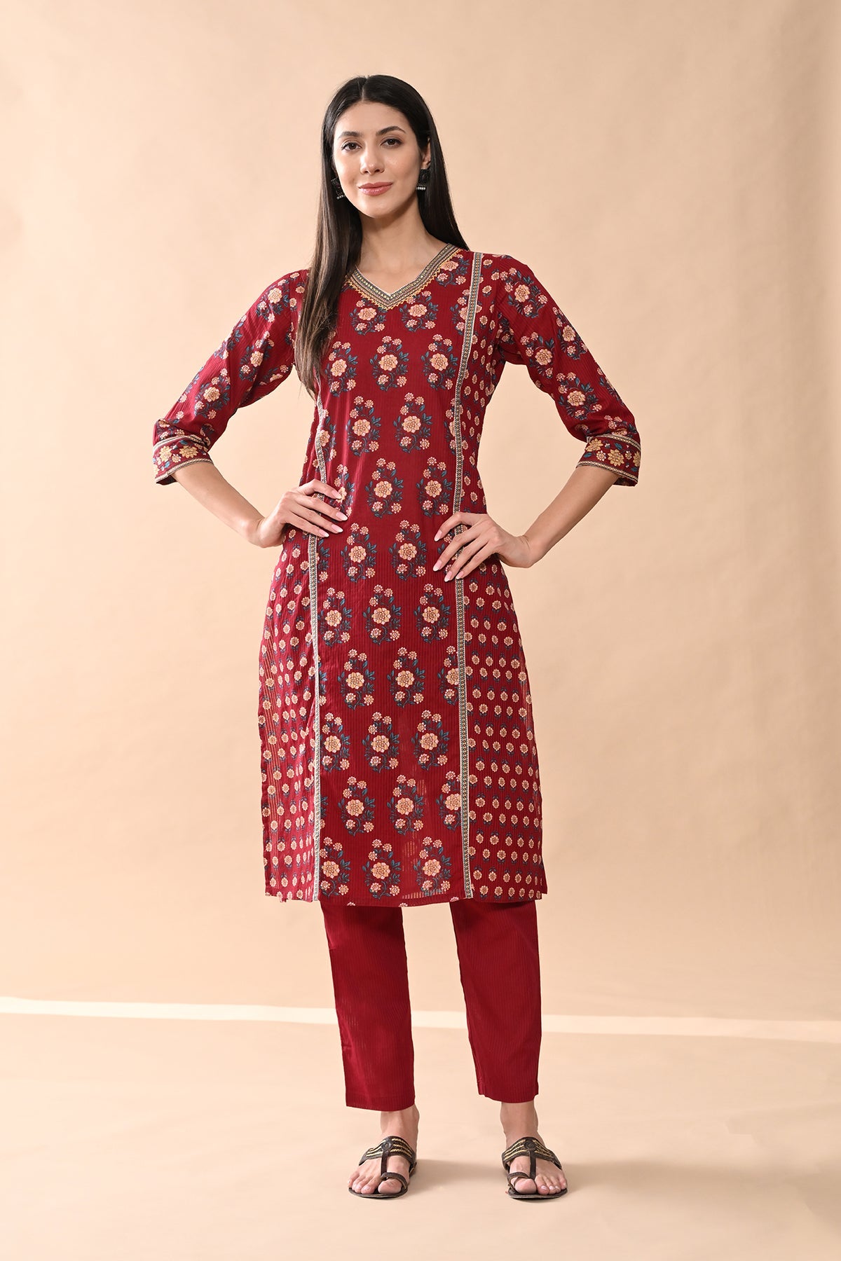 Maroon Printed Kurta 2 Pcs Set