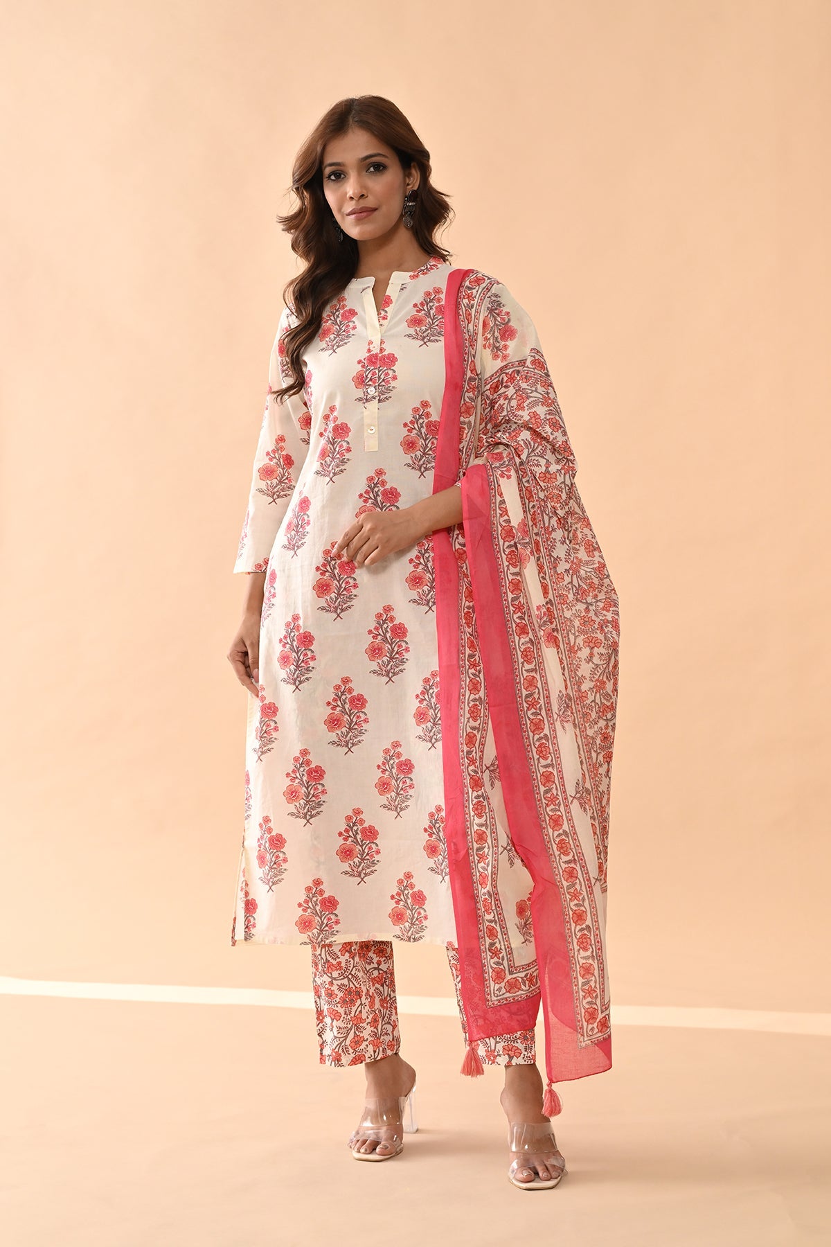 Cream Printed Kurta 3 Pcs Set