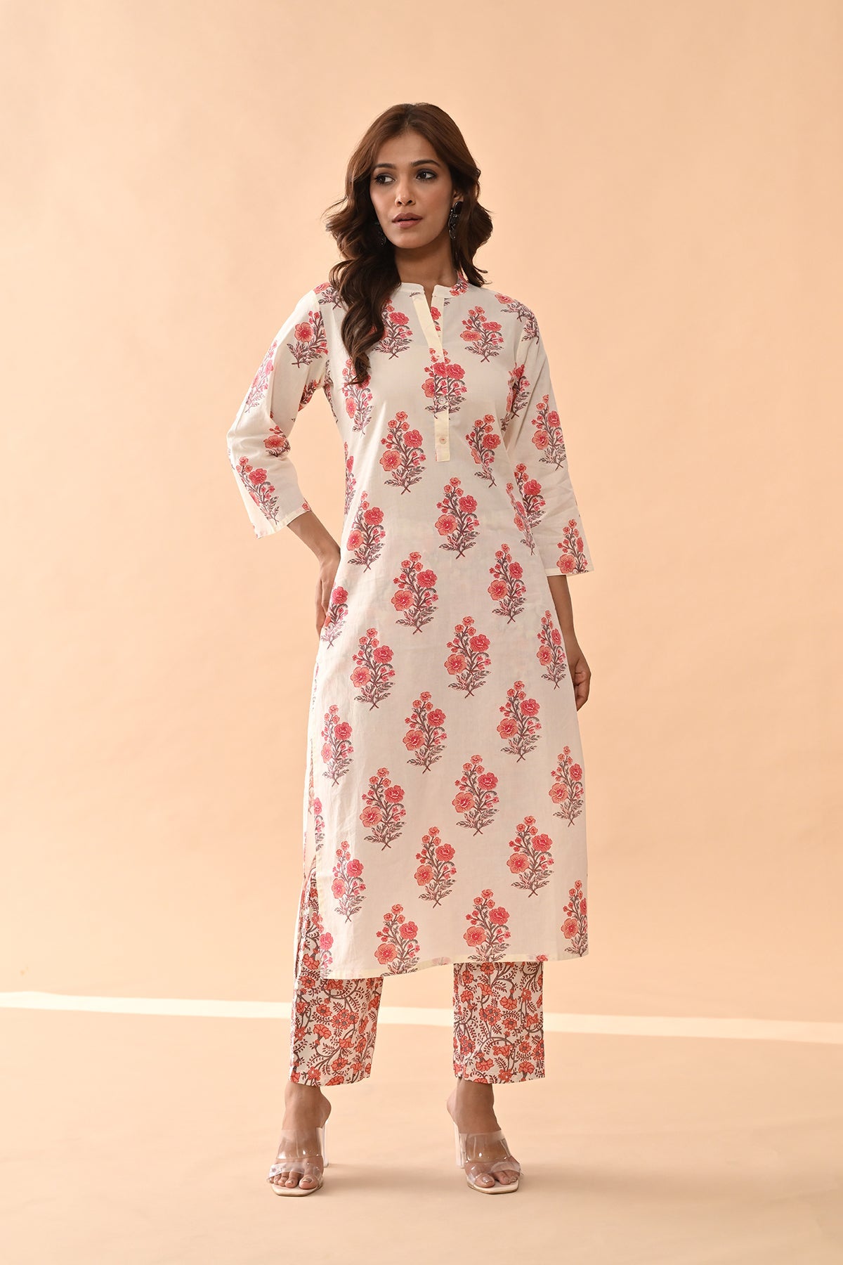 Cream Printed Kurta 3 Pcs Set