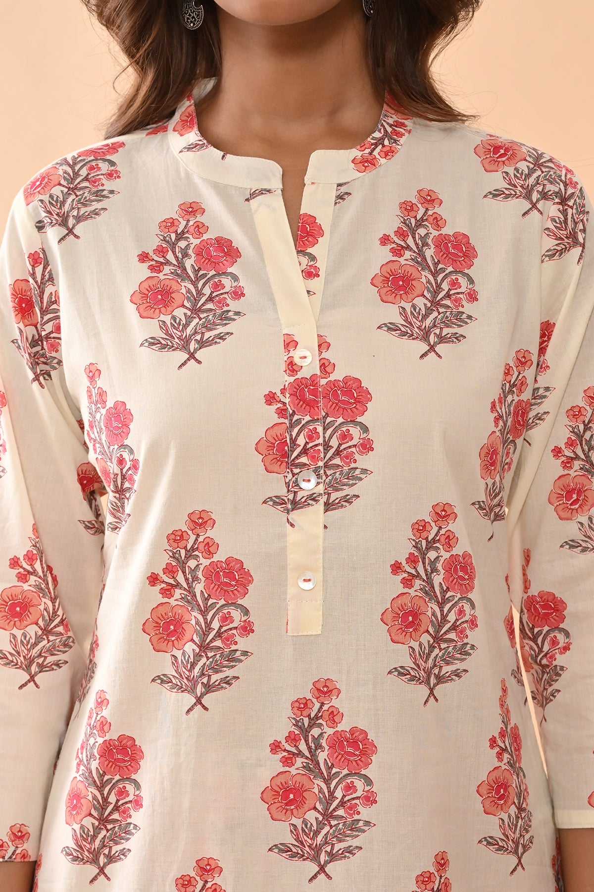 Cream Printed Kurta 3 Pcs Set